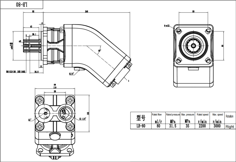 LB-80 80 cc/rev Hydraulic Piston Pump drawing image