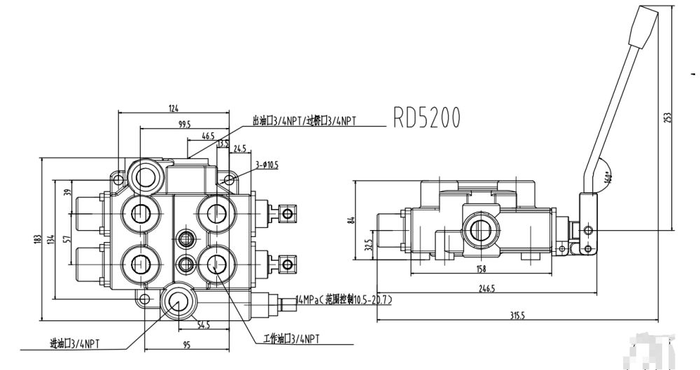 RD5200-H Manual 2 Spool Hydraulic Control Valve drawing image
