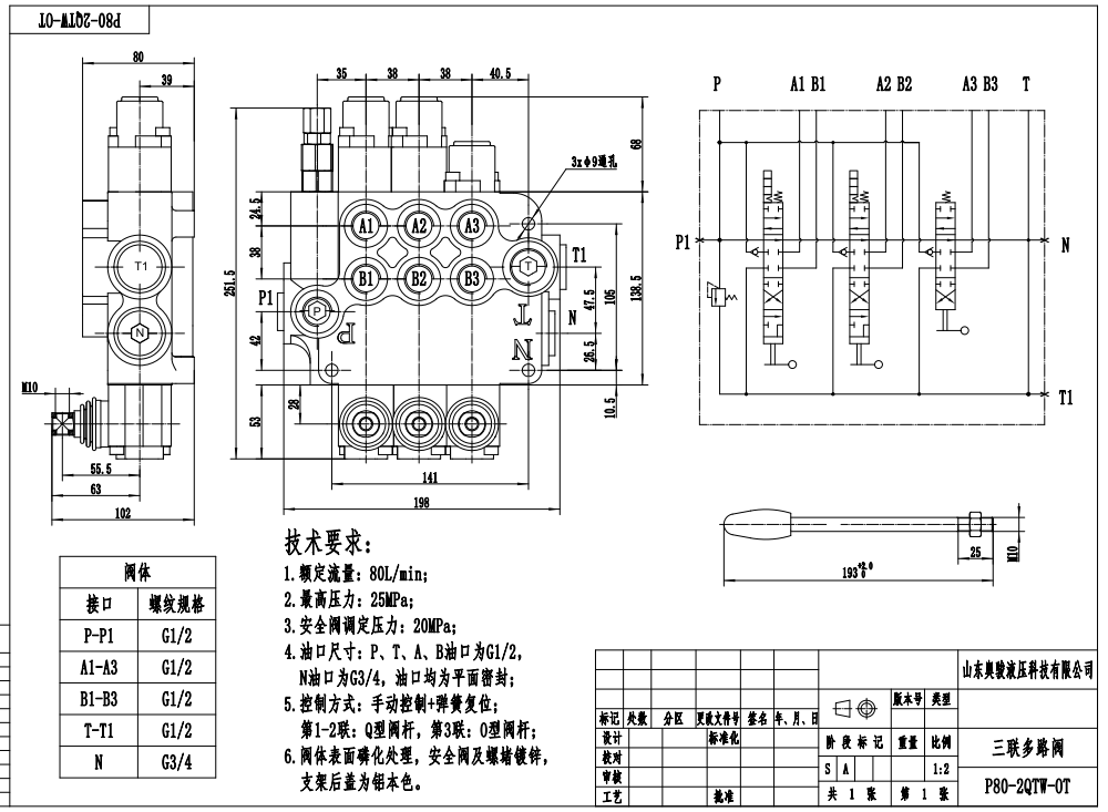 P80-G12-2QTW-OT Manual 3 Spool Monoblock Directional Valve drawing image