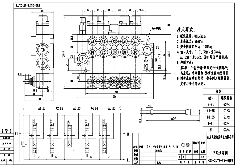 P80-G34-G12-2QTW-YW-2QTW Manual 5 Spool Monoblock Directional Valve drawing image