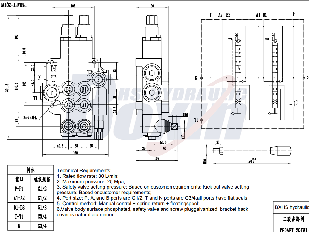 High Performance P80AFT-2QTW1 Monoblock Valve 2 Spool Control Valve drawing image