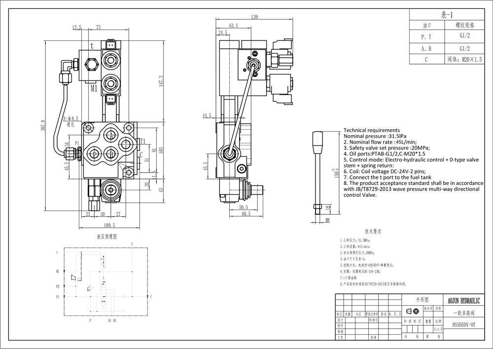 SD5 Electro-hydraulic 1 Spool Monoblock Directional Valve drawing image