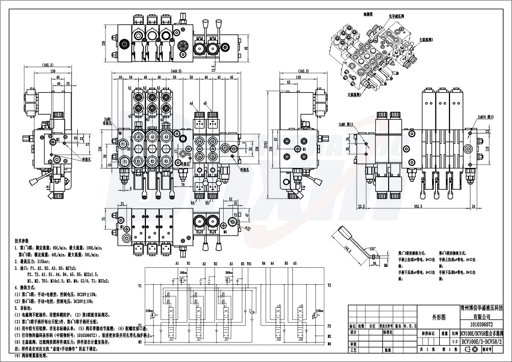 DCV100E and DCV58 Electro hydraulic and  Solenoid 6 Spool Sectional Directional Valve drawing image