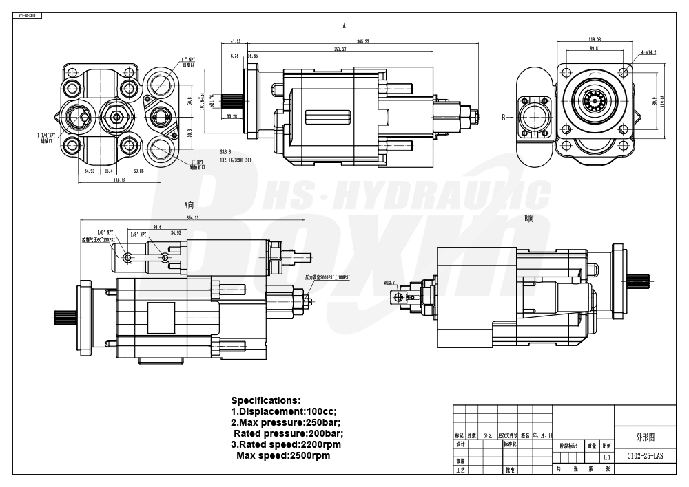 C102-AS-25-H 100 cc/rev 20 MPa (2900 psi) Hydraulic Gear Pump drawing image