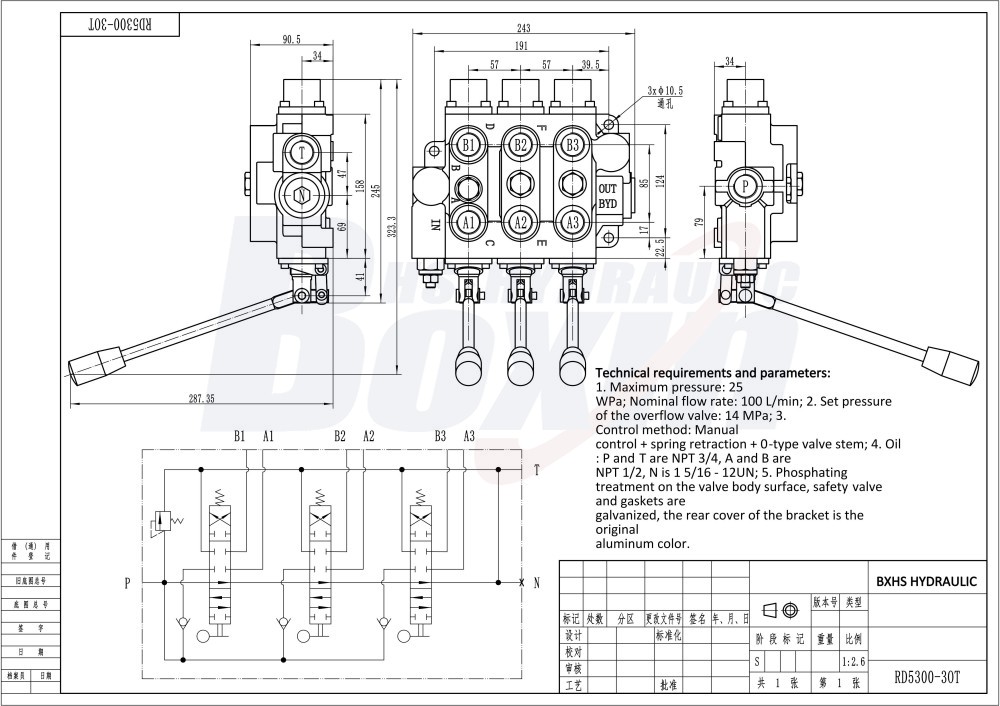 RD5300NPT-3OT Manual 3 Spool Hydraulic Control Valve drawing image